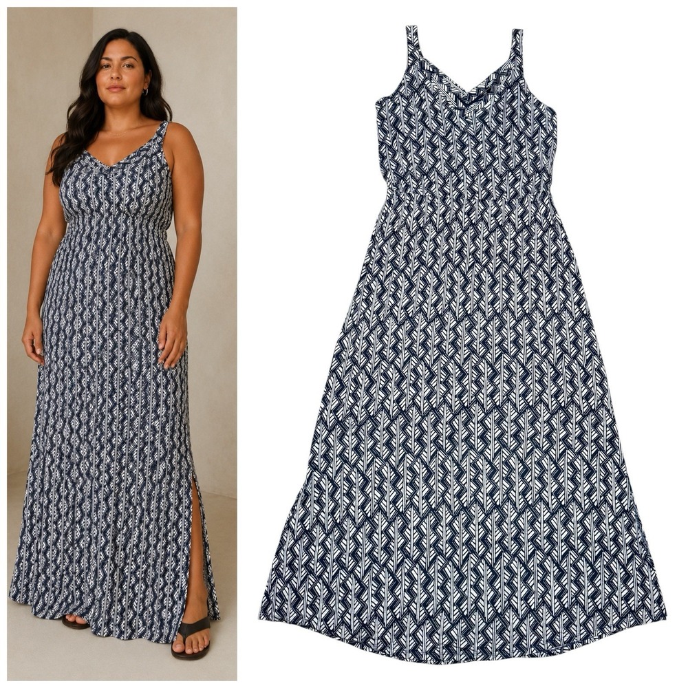 NWT Lucky Brand Maxi Dress 1X‎ Sleeveless V Neck Stretch Blue Rayon Sundress